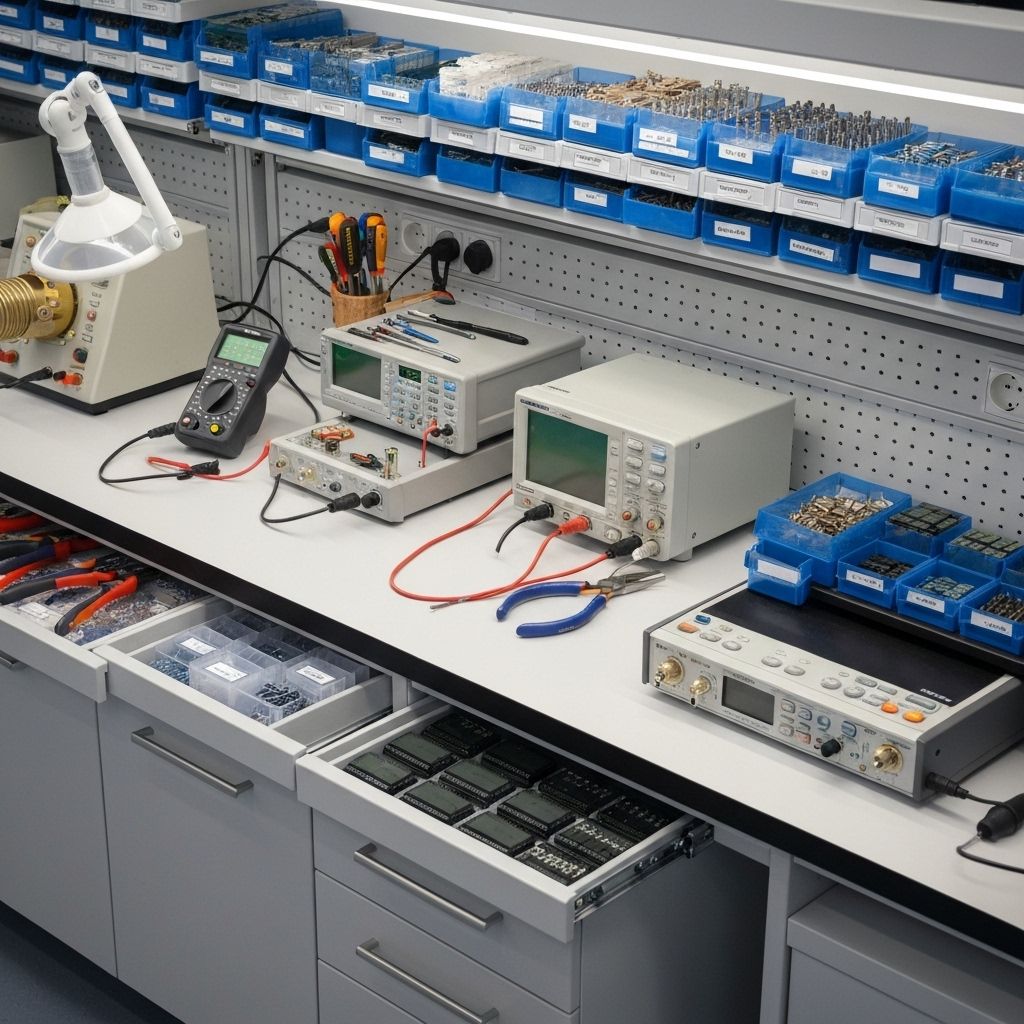 Modern electronics lab bench with tools